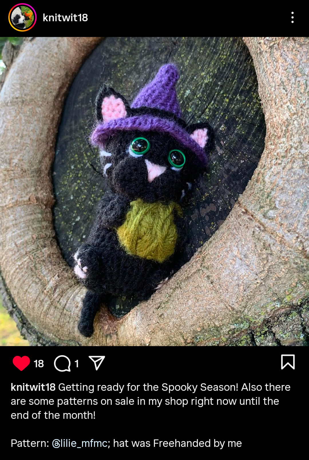 Fidji Halloween réalisé par @knitwit18, chat noir au crochet modèle Mi fil, mi câlin